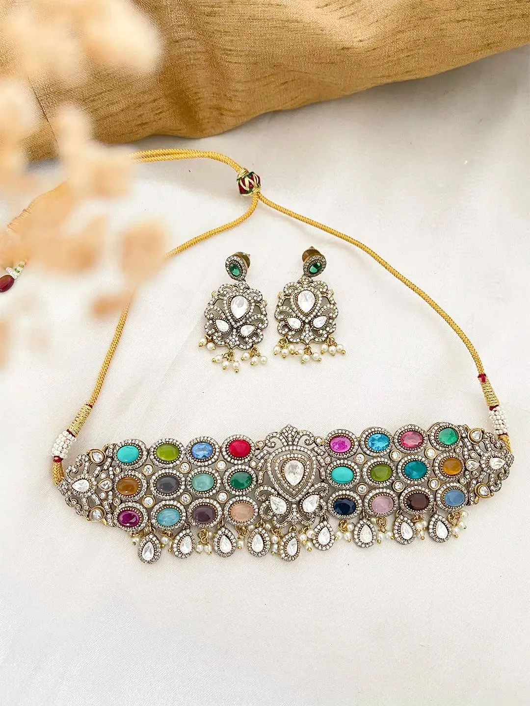 Semiprecious Stones Studded Bridal Choker Necklace