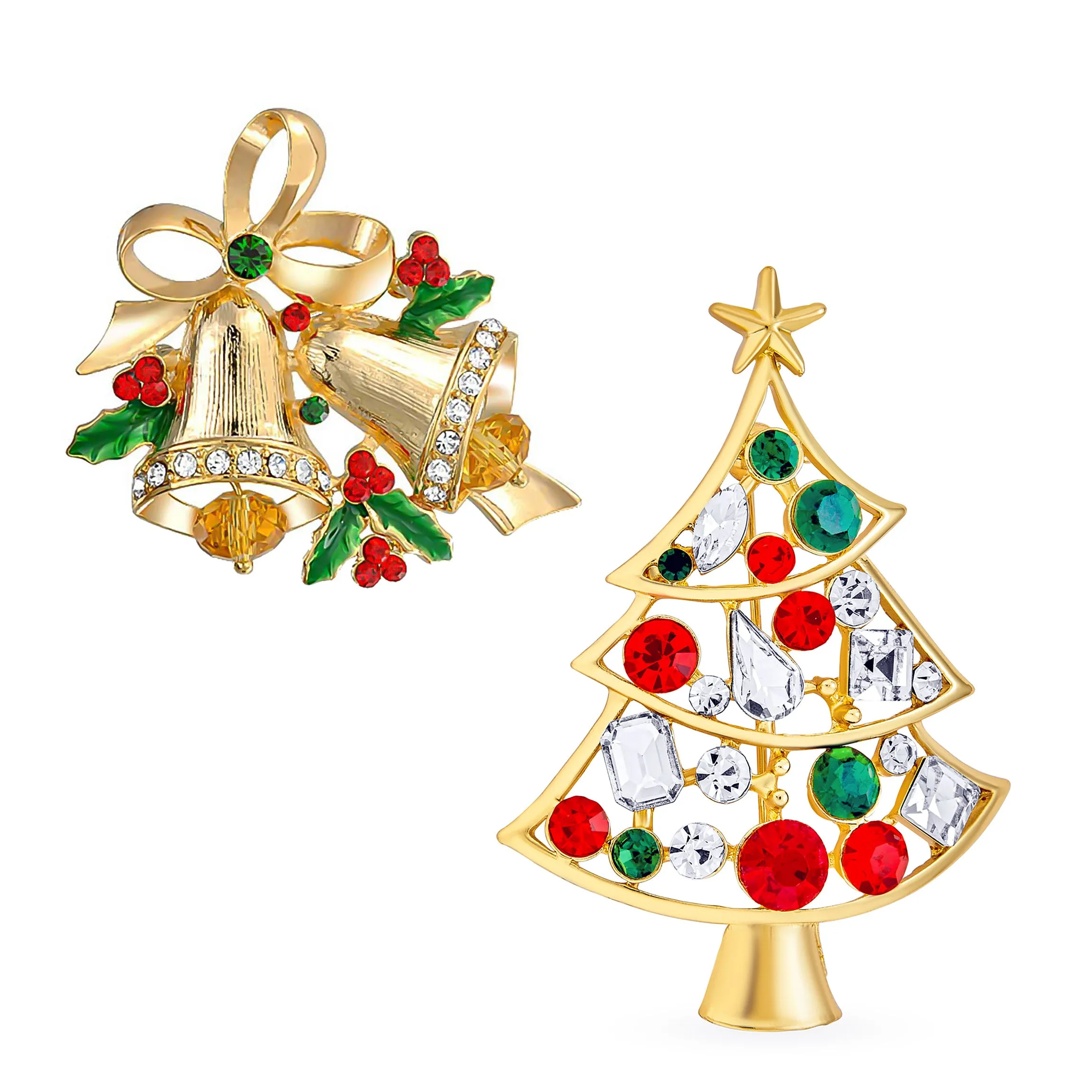 Set of 2 Large Colorful Crystal Holiday Christmas Tree & Bells Brooche Pin Gold Plated