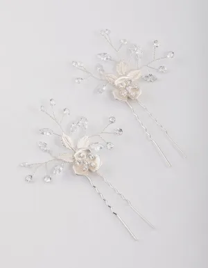 Silver Cubic Zirconia Floral Hair Pins Pack