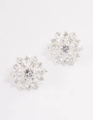 Silver Plated Cubic Zirconia Flower Stud Earrings