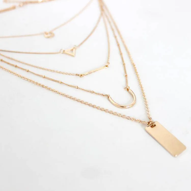 Simple Geometric Gold Color, Multi Layer Pendant Necklace Jewelry for Women