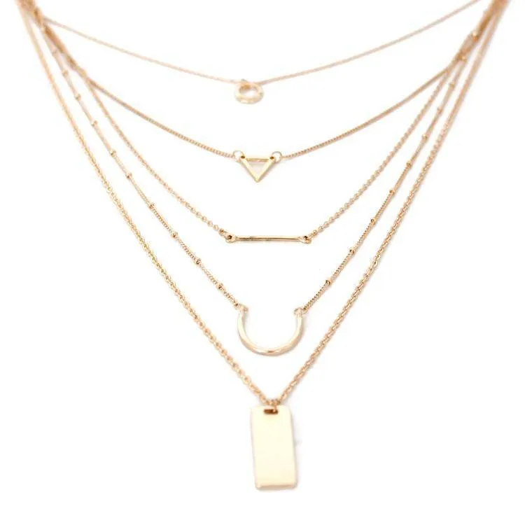 Simple Geometric Gold Color, Multi Layer Pendant Necklace Jewelry for Women