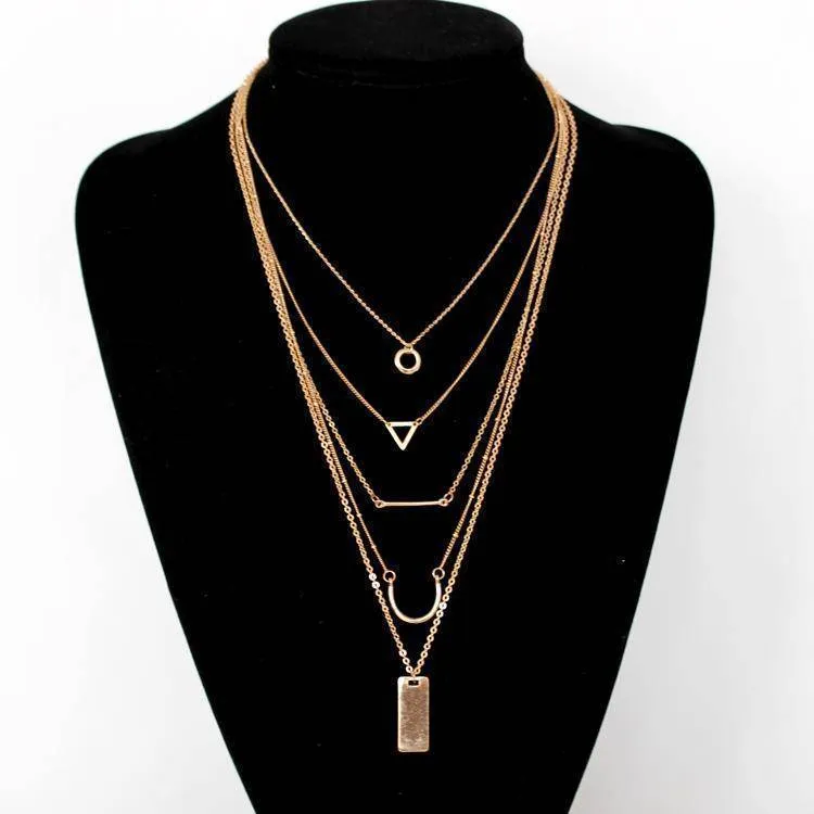 Simple Geometric Gold Color, Multi Layer Pendant Necklace Jewelry for Women