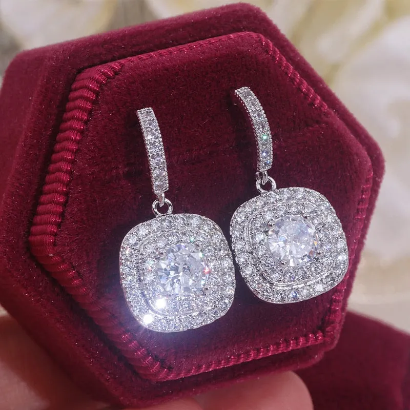 Square Shape Drop Earrings Shiny Cubic Zirconia Crystal Wedding Jewelry