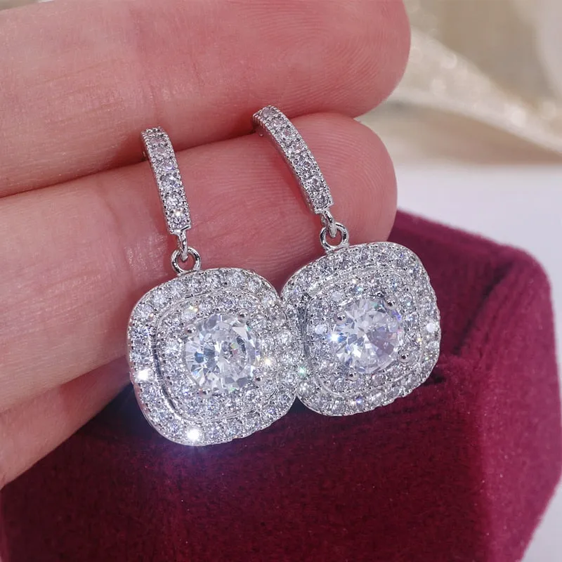 Square Shape Drop Earrings Shiny Cubic Zirconia Crystal Wedding Jewelry