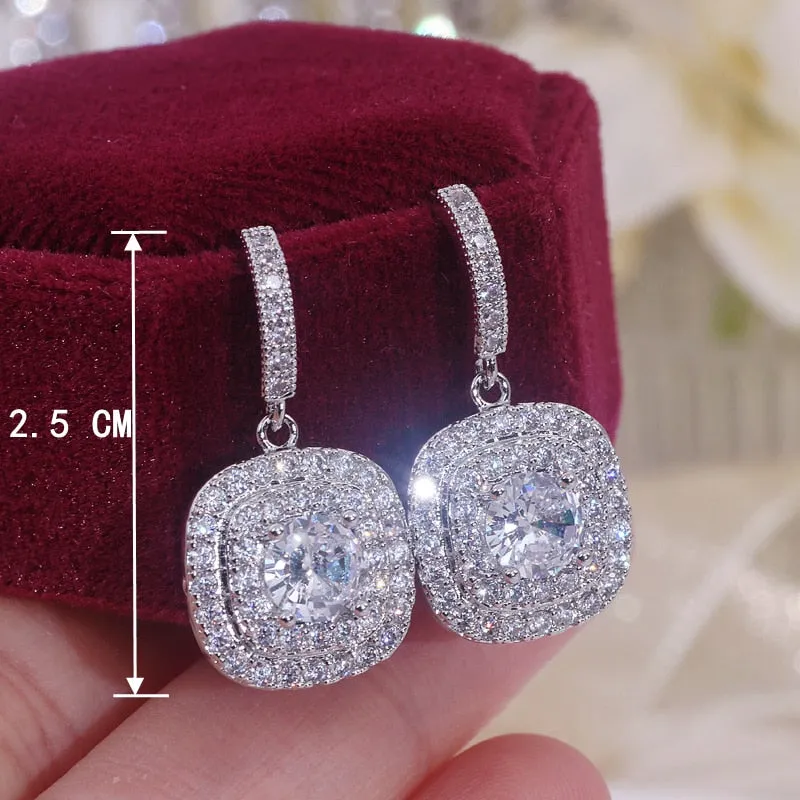 Square Shape Drop Earrings Shiny Cubic Zirconia Crystal Wedding Jewelry