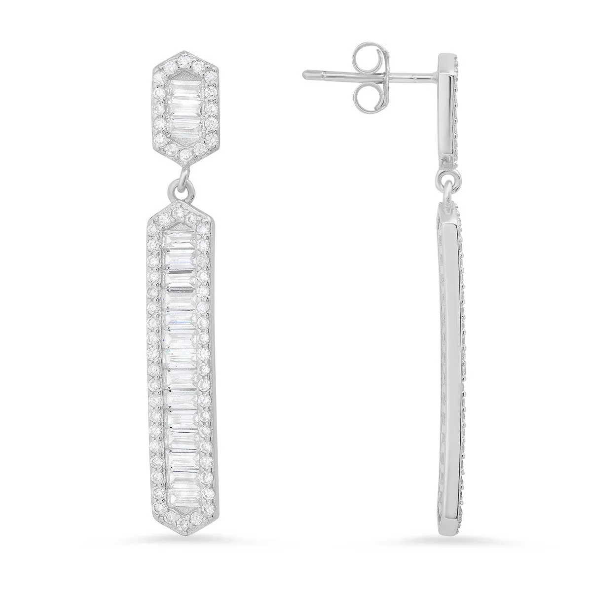 Sterling Silver CZ Dangling Bar Stud Earrings