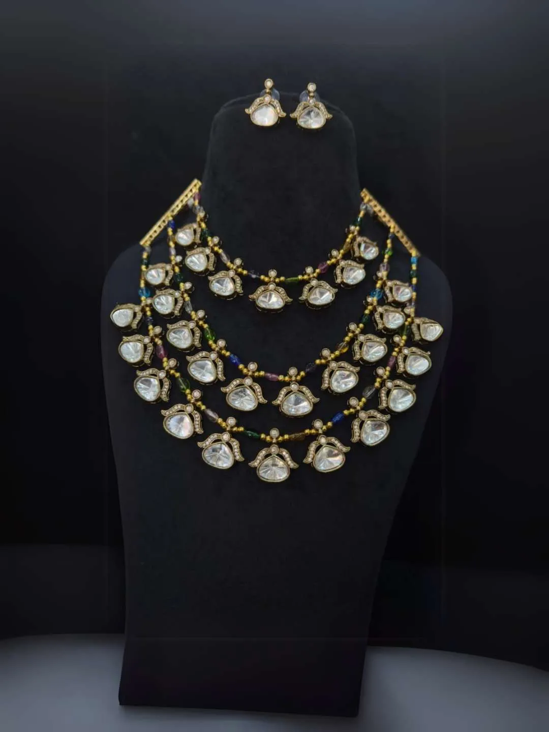 Three Layer Doublet Stone Designer Necklace Set In Victorian Style