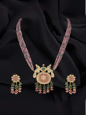 Traditional Gold Plated Multistrand Beaded Kundan And Meenakari Necklace Set