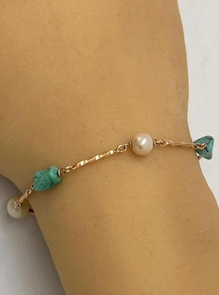 Turquoise and Pearl 9ct Yellow Gold Bracelet