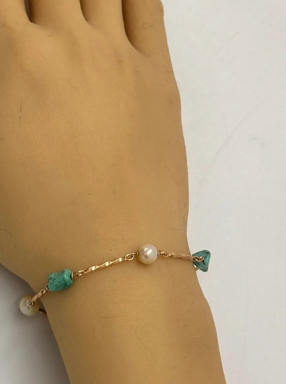 Turquoise and Pearl 9ct Yellow Gold Bracelet