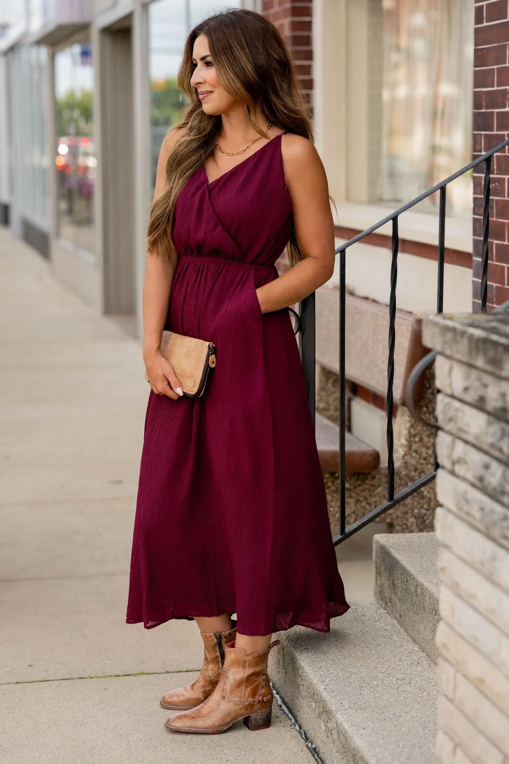 Wavy Textured Wrap Top Midi Dress