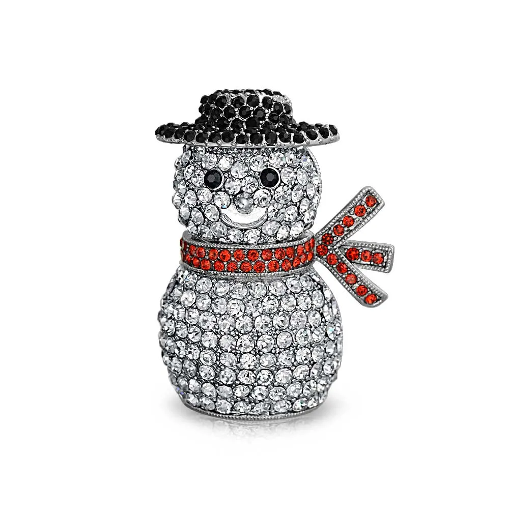 Winter Holiday White Glitter Crystal Snowman Scarf Brooche Pin Silver Plated