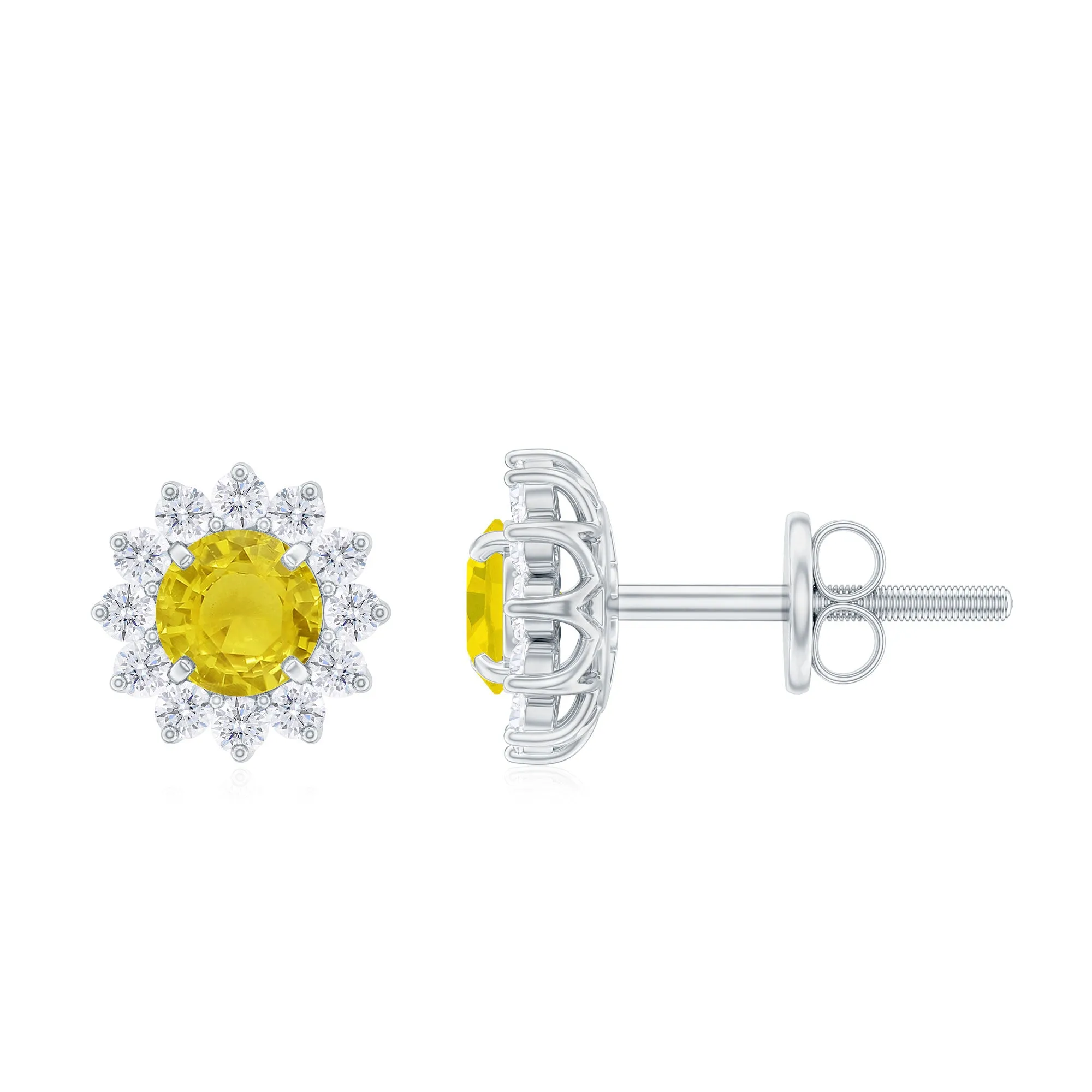 Yellow Sapphire Flower Stud Earrings with Diamond Halo