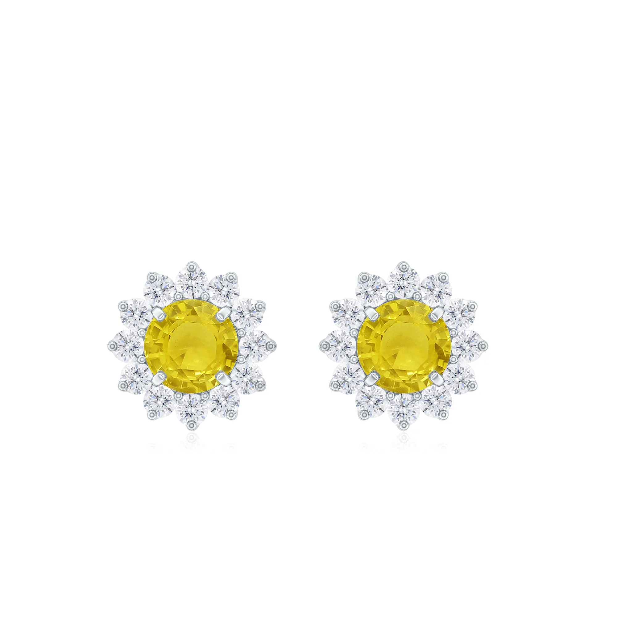 Yellow Sapphire Flower Stud Earrings with Diamond Halo